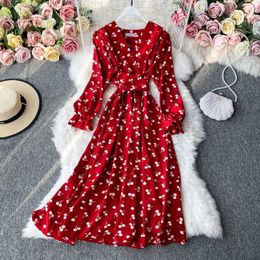 アーバンセクシードレスYuoomuoo Korean Fashion Cherry Print Women Dress2023 New Autunt Vintage BandageスリムウエストロングドレスエレガントなパーティーVestidos Y240420