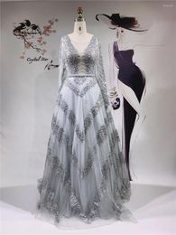 Party Dresses Dubai Grey A-Line Luxury Sexy Evening 2024 Long Sleeves Diamond Beading Formal Dress HO1055