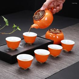 Teaware Sets Creative Persimmon Model Ceramic Tea Set Include 6 Cups 1 Pot Red Glaze Porcelain Exquisite Cup Drinkware