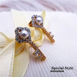 Stud Earrings Pearl Cubic Zirconia For Women Girls Clear White Rhinestone Key Shape Rose Golden Sweet Korean Trendy Quality