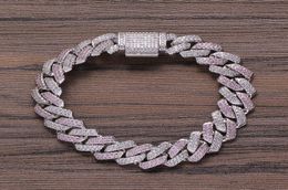 13MM Men Zircon Curb Cuban Link Thick Heavy Copper Material Gold Color Bracelet Pink Diamond Bracelets2296794