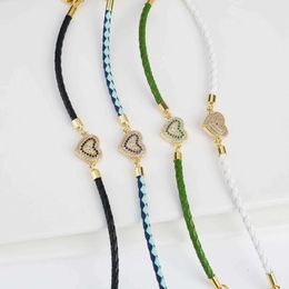 Kedja romantisk glänsande zirkoniume hjärtformstillbehör flätat läder armband klassiker för kvinna flicka födelsedag smycken par gåva y240420