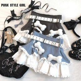 Skirts Women 90s Cute Plush Bone Lace Patchwork Mini Skirt Japanese Kawaii Lolita Cake Skirt Cute Y2k High Waist A-line Shorts Skirt Y240420