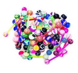 Tongue Rings Duotone Acrylic Uv Tongue Ring Barbells With Stripe Balls 6mm Bioflex Piercing Whole 100pcslot6396285