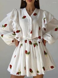 Work Dresses Casual Skirt Set Women Cotton Linen Ruffles Sweet Printed Dress Sets Female Fashion Long Sleeve Blouse Mini 2 Pieces