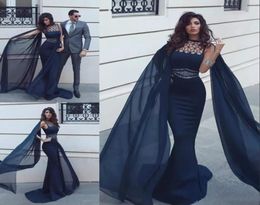 Elegant Dark Navy Evening Gowns With Cape Sheer Bateau Neck Mermaid Beaded Prom Dresses Sweep Train Chiffon Formal Dress Evening D2224995