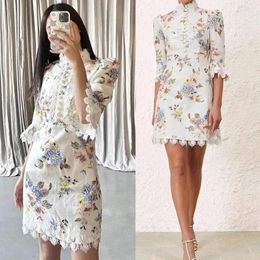 Casual Dresses Women Patchwork Lace Dress Elegant Floral Printing Stand Collar Flare Sleeve Fashion Slim Single Breasted Clothing