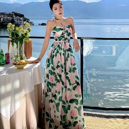 Casual Dresses Spring Summer Strapless Dress Flower Printed Sleeveless High Waist In Clothes Chic Vintage Beach Boho Midi Robe 2024