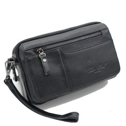 Briefcases 100% Genuine Leather Cowhide Men Clutch Bag Male Wrist Handbag Double Zippers Purse Wallet Cell Phone Cash Card Holder Wallets