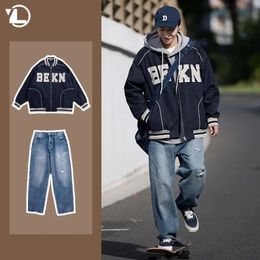 Spring Hip Hop Men Two Piece Japanese High Street Set Letter Print Baseball JerseyHarajuku Fashion Jeans Male Suit 240415