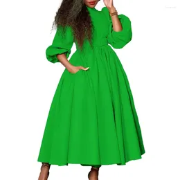 Casual Dresses Women Dress A Line Pleated Mock Neck 3 4 Sleeves Elegant Office Ladies Work Wear Classy Church Female African Gowns Spring