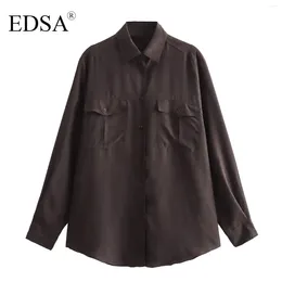 Women's Blouses EDSA Women Fashion Brown Silk Shirt Long Sleeves With Cuffs Buttoned Flaps Asymmetric Hem For Office Lady Blouse Tops