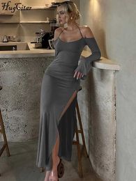 Urban Sexy Dresses Hugcitar Halter Solid Long Sleeve Backless Lace Up Slit Sexy Slim Maxi Dress 2024 Spring Elegant Festival Party Club Clothes Y2K Y240420