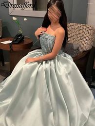 Party Dresses Light Blue Strapless Satin Dubai A-Line Evening Dress Beading Pearls Formal Wear Gown