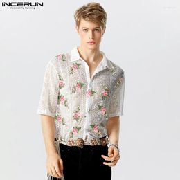 Men's Casual Shirts INCERUN Tops 2024 American Style Fashion Hollowed Floral Printing Design Blouse Clubwear Short Sleeved S-5XL