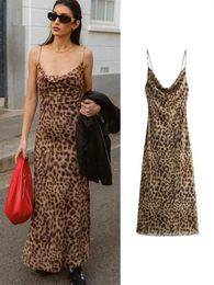 TFMLN Womens Spaghetti Strap Dresses Chic Swing Collar Backless Party Club Suspender Long Dresses Vintage Leopard Print 240419