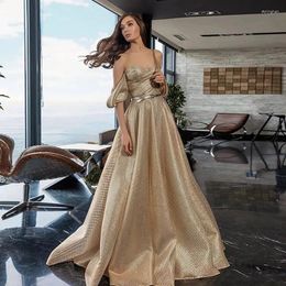 Party Dresses Sweetheart Long Evening Vestidos De Festa Sexy Gold Off Shoulder Floor-Length Sequins Formal Prom Dress With Belt