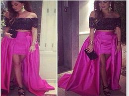 Hi Lo Two Pieces Prom Dresses 2015 Fuchsia Black lace Off Shoulder Party Evening Dress with Sleeves Vestido De Festa Prom Pageant 8770553