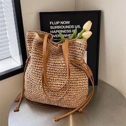 Drawstring Casual Large Capacity Straw Woven Beach Bags Handmade Women Shoulder Bag Lady Summer Travel Handbags Shopper Tote