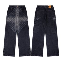 Modelo 2024SS Spring Novo vendendo o jeans de jeans larga pernas largas calças de cintura alta calça casual estampado preto