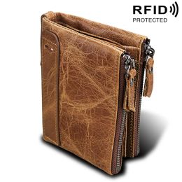 Wallets Genuine Cow Leather Men Wallets RFID Double Zipper Card Holder High Quality Male Wallets Purse Vintage Coin Holder Men Wallets