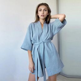 Women's Sleepwear Cotton Gauze Robe Nightwear Mini Bathrobes Lace Up Muslin Home Clothes Solid Colour Casual Nightie