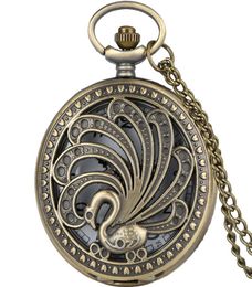 Bronze Vine Hollow Peacock Design Pocket Watch Animal Quratz Watches With Necklace Chain for Women Men Kids orologio da tasca2835534