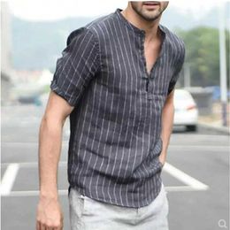 Men's T-Shirts 2023 Summer Mens T-shirt Linen Cotton Stripe Short Slve Fashion Casual Shirts for Men Pullover Shirt Men Clothing Y240420