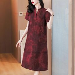 Ethnic Clothing 2024 Chinese Traditional Dress Improved Cheongsam National Flower Print Satin Qipao V-neck Banquet Evening Vestido