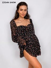 Women Sexy Cross Bandage Black Flower Print Puff Long Sleeve Dress 3 layer Wood Ears Ruffles Hem Cake Mini Holiday Robe 240420