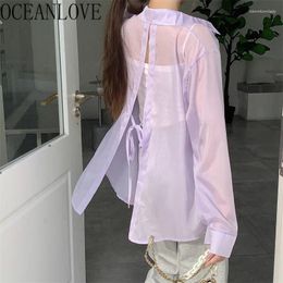 Women's Blouses OCEANLOVE Candy Color Sweet Women Shirts&blouses Thin Sunscreen Lace Up Blusas Mujer Korean Fashion Casual Camisas
