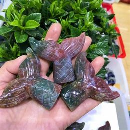 Decorative Figurines Natural Crystals Ocean Jasper Fishtail Carving Model Craft Gift Reiki Healing Stones Statue For Home Decoration 1pcs