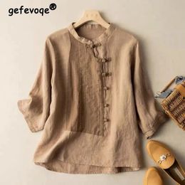 Vintage Ethnic Style Patchwork Loose Cotton Linen Shirt for Women Simple Three Quarter Sleeve Ladies Blouses Tops Clothes 240420
