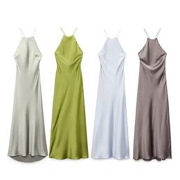 Style Summer Womens Clothing Strap Silk Satin Texture Dress 8942
