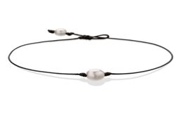Pearl Single Cultured Freshwater Pearls Necklace Choker for Women Genuine Leather Jewellery Handmade Black 14 inches3951237
