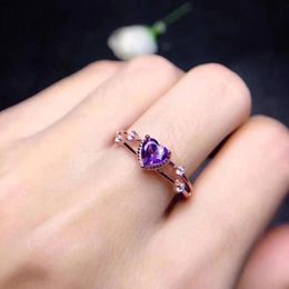 Cluster Rings Natural Amethyst Ring For Women Purple Crystal Heart Shape 14k Rose Gold Jewelry Diamond Engagement Anniversary Gift275Q