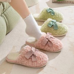 Slippers Female Bow Cotton Winter Couple Cute Home Soft Bottom Plush Flats Men Lightweight Non-slip Slides Chaussure Femme Hiver