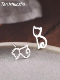 High Quality 100 925 Sterling Silver Earring Fashion Cute Tiny Symmetry Cat Stud Earrings Gift For Women Girls Gift eh37065987533279251