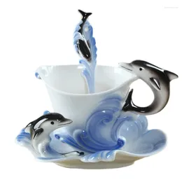 Mugs Blue Ceramic Coffee Cup Dish Spoon Exquisite Dolphin Mug Creative Afternoon Tea Breakfast Oatmeal Milk Birthday Gifts