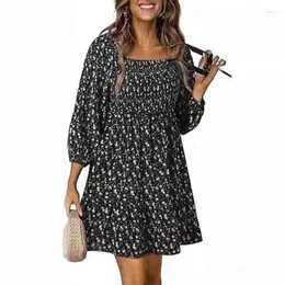 Casual Dresses Womens Boho Floral Chiffon Smocked Square Neck 3/4 Sleeve Dress Classy A-Line Flowy Swing Mini Vacation