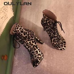 Dance Shoes Oulylan Fashion Summer Women's Boots Lace Up High Heel Fish Mouth Cool Sexy Leopard Thin Pointed Casual Sandals