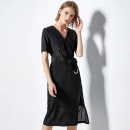 Casual Dresses Black Silk Plus Size Summer Dress Robe Vintage Boho Bohemian 2024 Women Long Slim Fairy Fashion V Neck Lace Up Belt