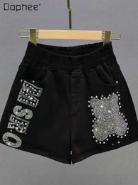 Shorts femininos shorts pretos shorts finos de verão elástica de verão solta e emagrece calças quentes embebidas em diamante para meninas gostosas y240420