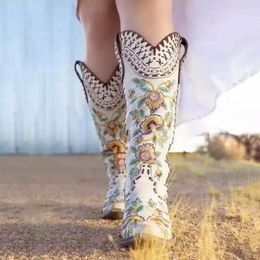 Boots Women Western Fashion White Chunky Heels Pointed Toe Embroidered Slip On Cowgirl 2024 Knee High Lady Shoes