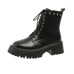 Boots Autumn Winter Round Head Thick Heel Lace-up Low Cylinder Large Size Side Zipper Ankle Motorcycle Bottines C08