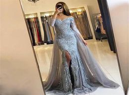 Sweetheart Lace Appliques FrontSplit Newest Long Sleeve Mermaid Prom Dress Off the Shoulder Grey Front Slit Evening Dress1488282