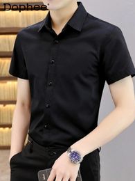 Men's Casual Shirts 2024 Summer Blouse Short Sleeve Solid Colour Slim Fit Business High-End Single Row Multi-Buckle Shirt