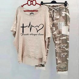 Women's Two Piece Pants 2Pcs/Set Summer Casual Suit Loose Round Neck Printed Sportswear Breathable Cotton Blend Camouflage Outfit Lady