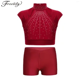 Clothing Sets Kids Girls Figure Skating Outfits Set Sleeveless Crop Top With Shorts Dance Sports Gymnastics Performance Costume Activewear