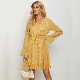 Casual Dresses European And American-Style Yellow Small Floral Slimming Tunic Dress